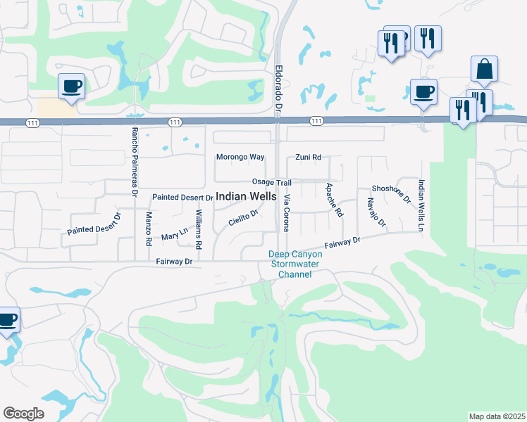 map of restaurants, bars, coffee shops, grocery stores, and more near 45540 Cielito Drive in Indian Wells