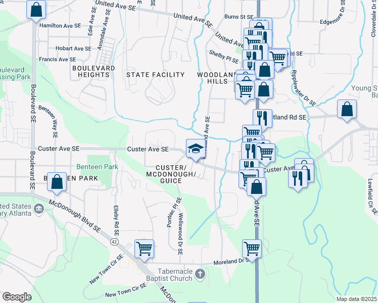 map of restaurants, bars, coffee shops, grocery stores, and more near 1399 Knob Hill Court Southeast in Atlanta