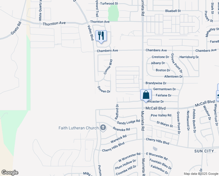map of restaurants, bars, coffee shops, grocery stores, and more near 25733 Tyler Court in Menifee