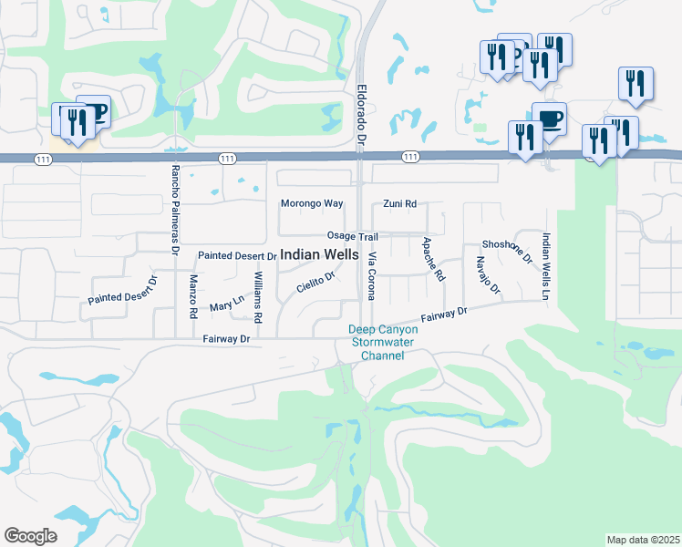 map of restaurants, bars, coffee shops, grocery stores, and more near 45540 Cielito Drive in Indian Wells