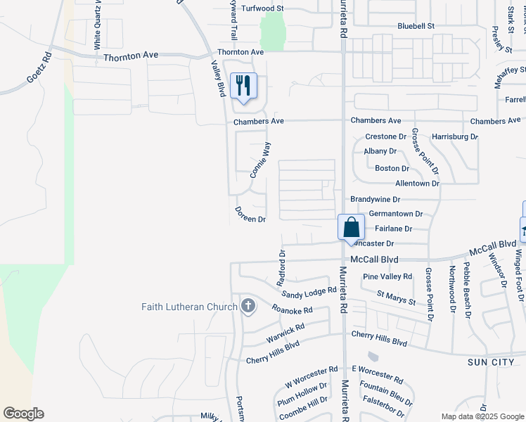 map of restaurants, bars, coffee shops, grocery stores, and more near 25733 Tyler Court in Menifee