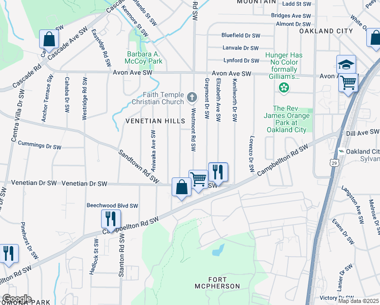 map of restaurants, bars, coffee shops, grocery stores, and more near 1407 Westmont Road Southwest in Atlanta