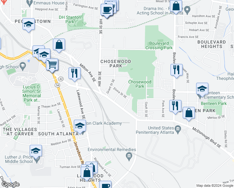 map of restaurants, bars, coffee shops, grocery stores, and more near 1381 Miller Reed Avenue Southeast in Atlanta