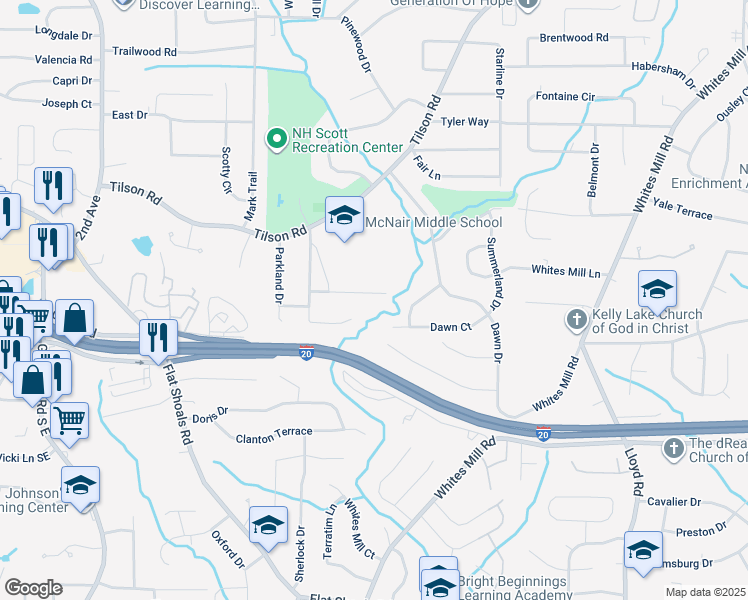 map of restaurants, bars, coffee shops, grocery stores, and more near 2297 Haverford Drive in Decatur