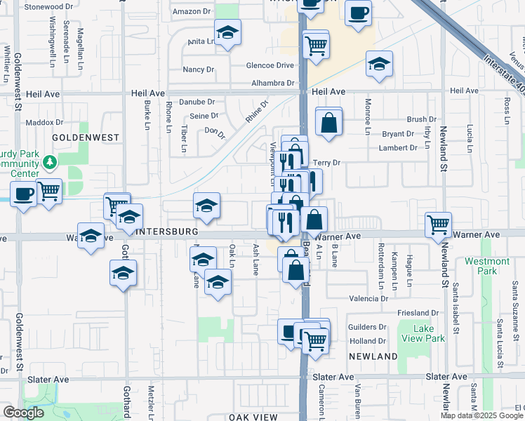 map of restaurants, bars, coffee shops, grocery stores, and more near 7912 Westwood Lane in Huntington Beach