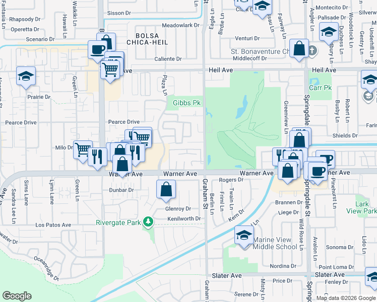 map of restaurants, bars, coffee shops, grocery stores, and more near 5451 Bonanza Drive in Huntington Beach