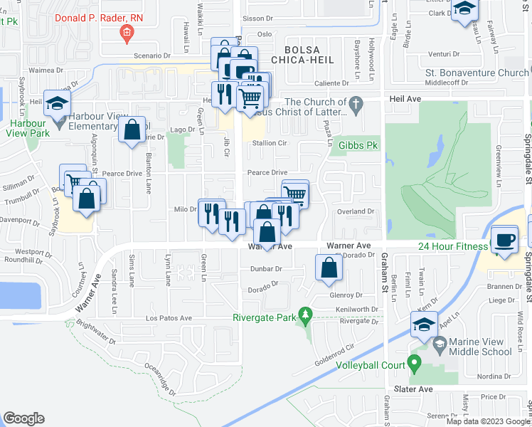 map of restaurants, bars, coffee shops, grocery stores, and more near 16911 Airport Circle in Huntington Beach