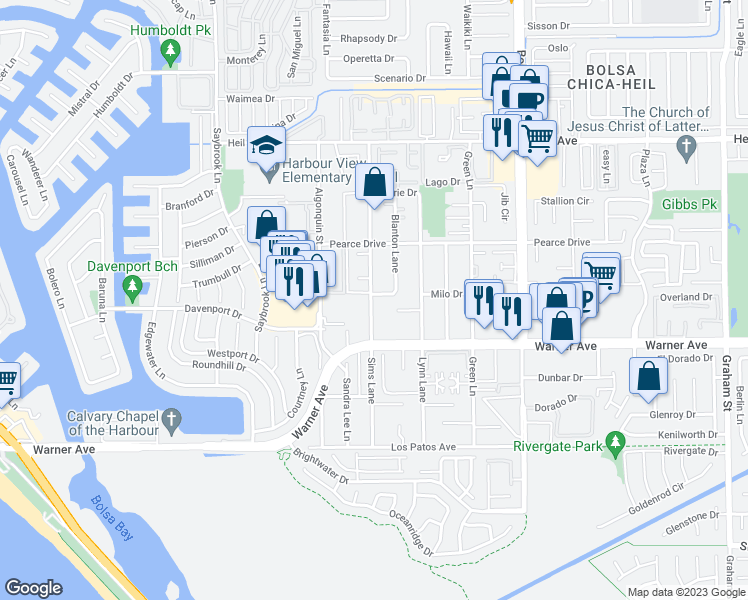 map of restaurants, bars, coffee shops, grocery stores, and more near 16861 Sims Lane in Huntington Beach