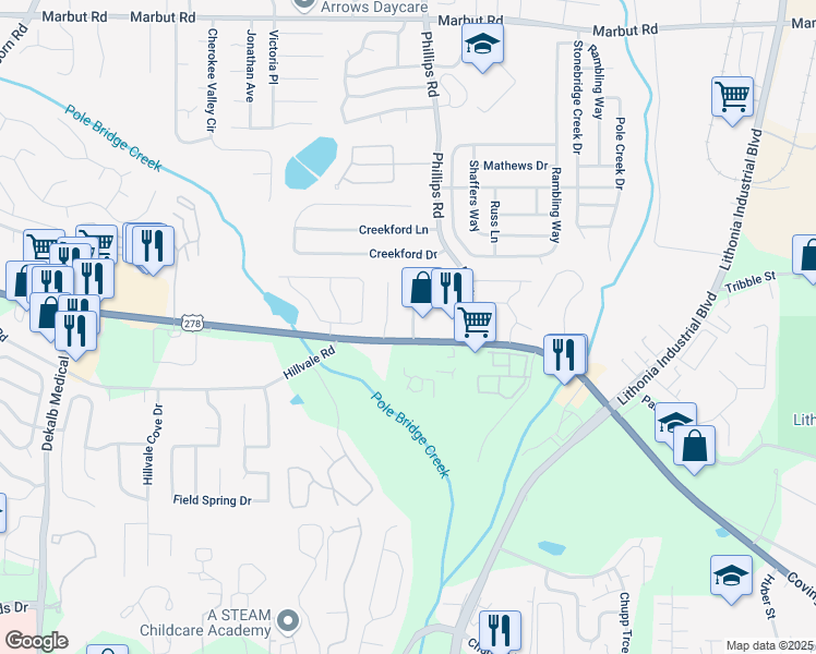 map of restaurants, bars, coffee shops, grocery stores, and more near 7006 Covington Highway in Lithonia