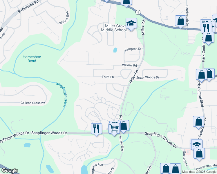 map of restaurants, bars, coffee shops, grocery stores, and more near 4923 Windsor Downs Lane in Decatur