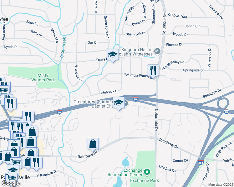 map of restaurants, bars, coffee shops, grocery stores, and more near 2450 Glenrock Drive in Decatur