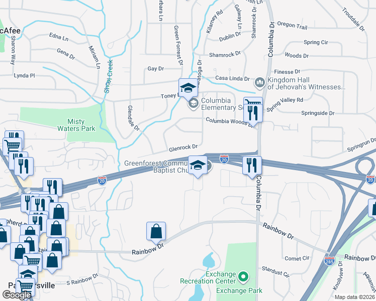 map of restaurants, bars, coffee shops, grocery stores, and more near 2450 Glenrock Drive in Decatur