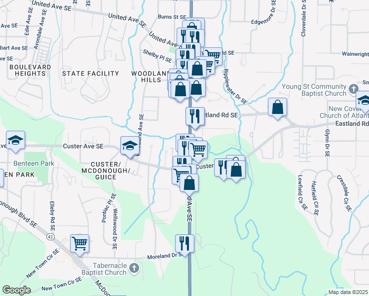 map of restaurants, bars, coffee shops, grocery stores, and more near 1391 Moreland Avenue Southeast in Atlanta