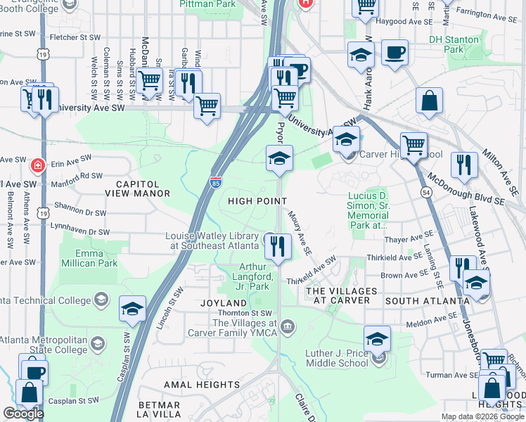 map of restaurants, bars, coffee shops, grocery stores, and more near in Atlanta