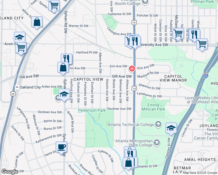 map of restaurants, bars, coffee shops, grocery stores, and more near 1392 Desoto Avenue Southwest in Atlanta