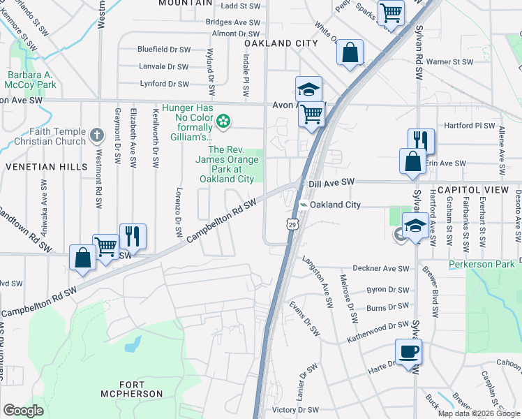 map of restaurants, bars, coffee shops, grocery stores, and more near 1388 Oakland Drive Southwest in Atlanta