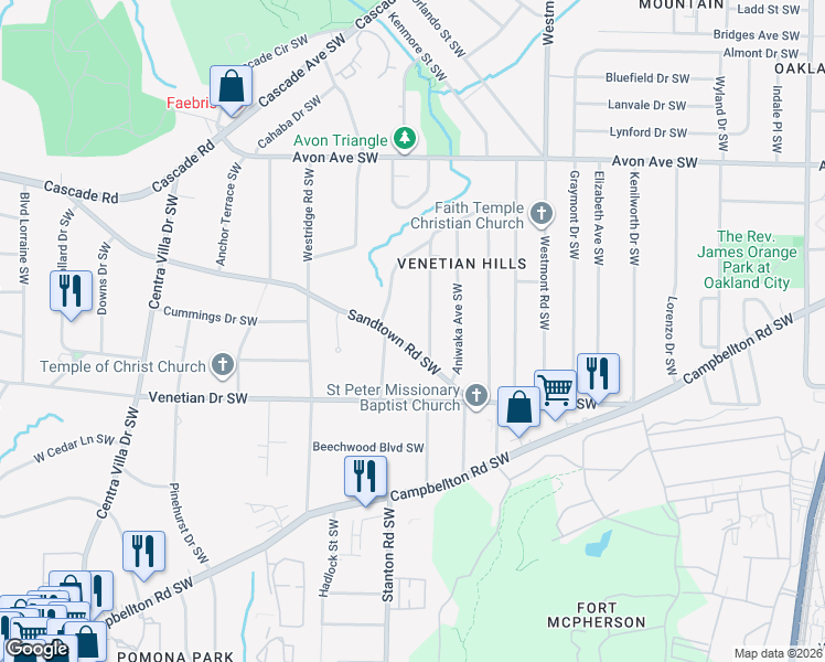 map of restaurants, bars, coffee shops, grocery stores, and more near 1661 Sandtown Road Southwest in Atlanta