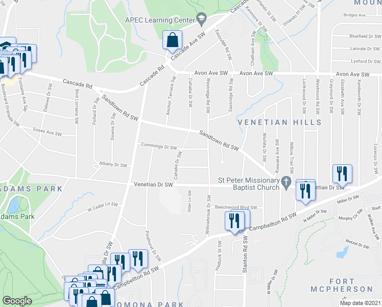 map of restaurants, bars, coffee shops, grocery stores, and more near 1854 Cummings Drive Southwest in Atlanta