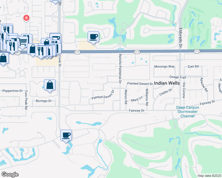 map of restaurants, bars, coffee shops, grocery stores, and more near 75420 Painted Desert Drive in Indian Wells