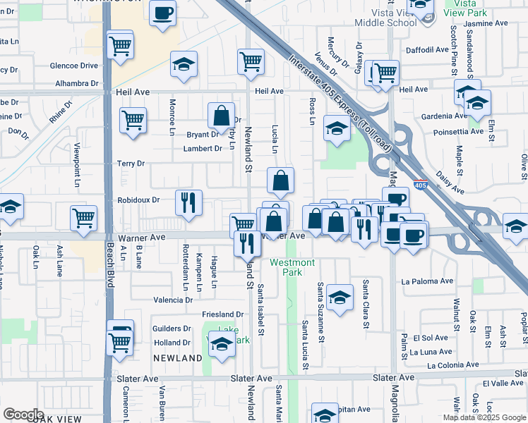 map of restaurants, bars, coffee shops, grocery stores, and more near 8542 Merle Circle in Huntington Beach