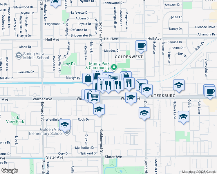 map of restaurants, bars, coffee shops, grocery stores, and more near 7101 Warner Ave in Huntington Beach