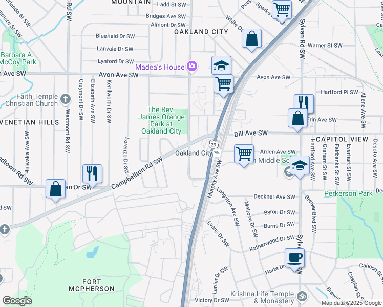 map of restaurants, bars, coffee shops, grocery stores, and more near 1388 Oakland Drive Southwest in Atlanta
