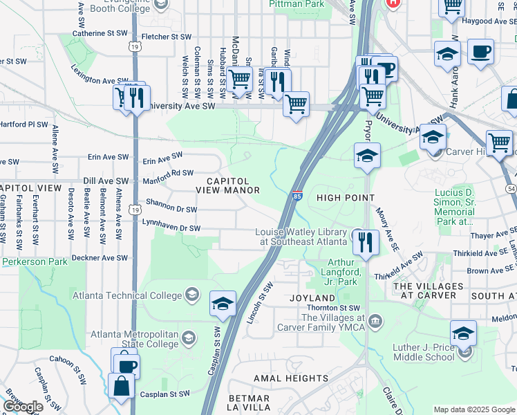 map of restaurants, bars, coffee shops, grocery stores, and more near 387 Hillside Drive Southwest in Atlanta