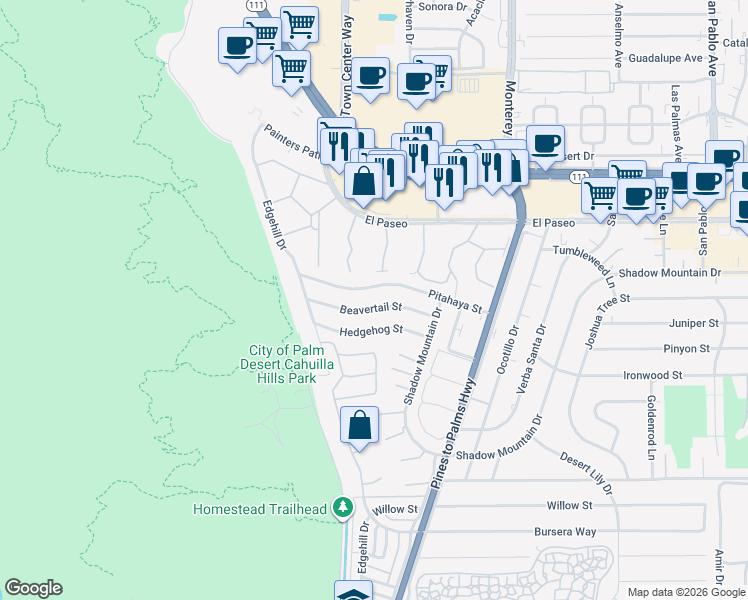map of restaurants, bars, coffee shops, grocery stores, and more near 72668 Beavertail Street in Palm Desert