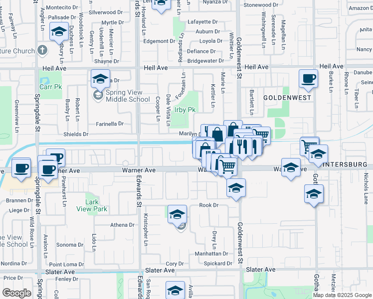 map of restaurants, bars, coffee shops, grocery stores, and more near 16872 Limelight Circle in Huntington Beach