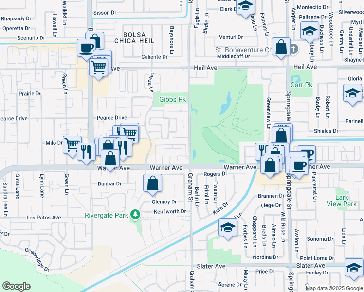 map of restaurants, bars, coffee shops, grocery stores, and more near 5451 Bonanza Drive in Huntington Beach