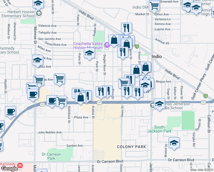 map of restaurants, bars, coffee shops, grocery stores, and more near 45680 Deglet Noor Street in Indio