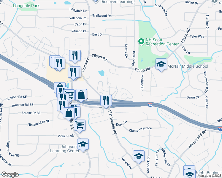map of restaurants, bars, coffee shops, grocery stores, and more near 2520 Flat Shoals Road in Decatur