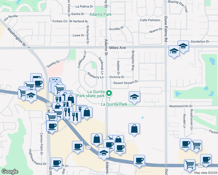 map of restaurants, bars, coffee shops, grocery stores, and more near 45425 Carrie Lane in La Quinta
