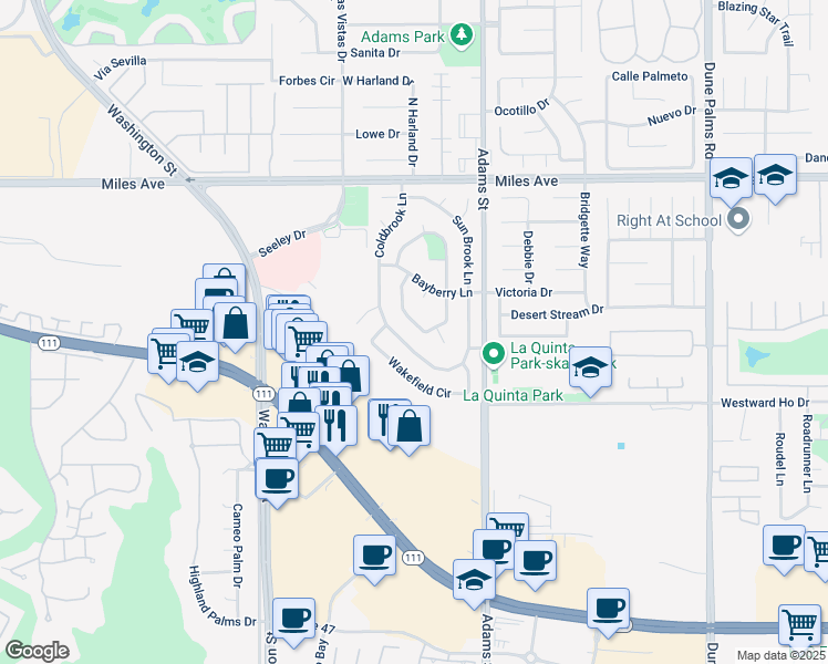map of restaurants, bars, coffee shops, grocery stores, and more near 45525 Deerbrook Circle in La Quinta