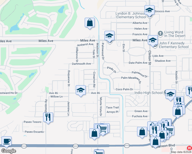 map of restaurants, bars, coffee shops, grocery stores, and more near 45668 Cimarron Road in Indio