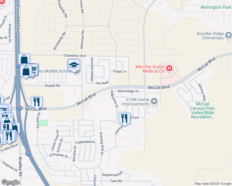 map of restaurants, bars, coffee shops, grocery stores, and more near 27773 Moonridge Drive in Menifee