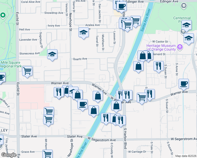 map of restaurants, bars, coffee shops, grocery stores, and more near 16971 Summeroak Court in Fountain Valley