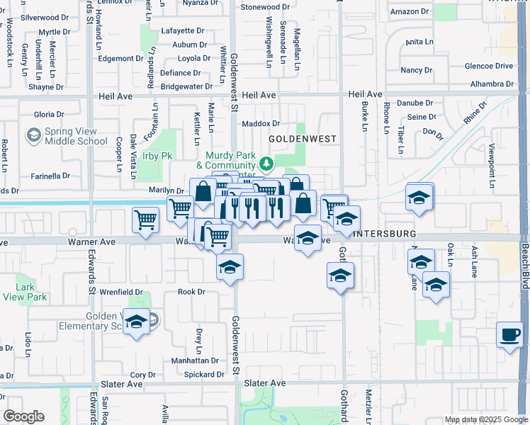 map of restaurants, bars, coffee shops, grocery stores, and more near 7101 Warner Avenue in Huntington Beach