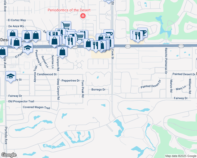 map of restaurants, bars, coffee shops, grocery stores, and more near 74886 Vía Royale in Indian Wells