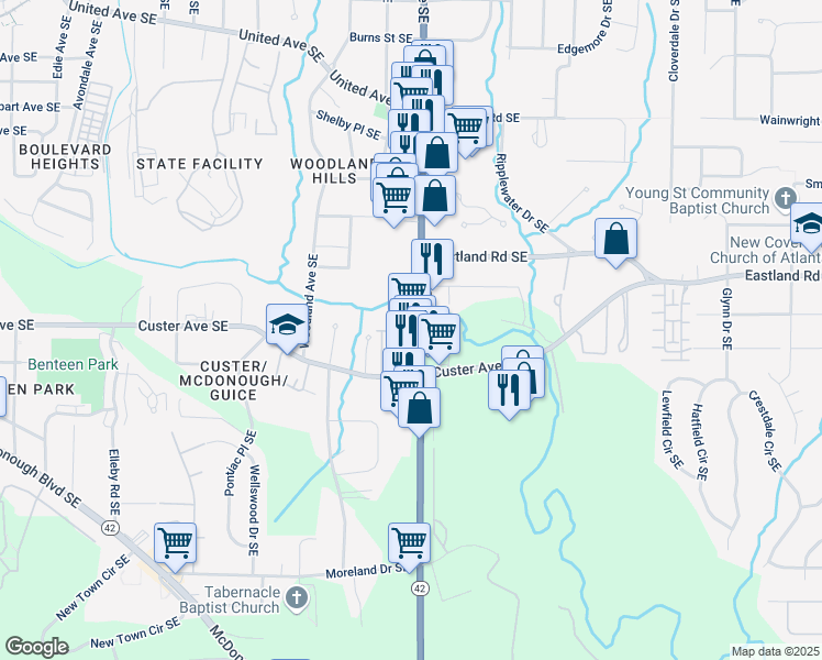 map of restaurants, bars, coffee shops, grocery stores, and more near 1391 Moreland Avenue Southeast in Atlanta