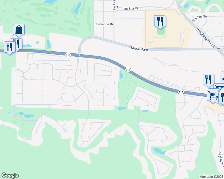 map of restaurants, bars, coffee shops, grocery stores, and more near 45589 Appian Way in Indian Wells