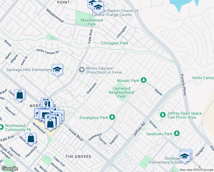 map of restaurants, bars, coffee shops, grocery stores, and more near 114 Outpost in Irvine