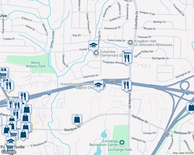 map of restaurants, bars, coffee shops, grocery stores, and more near 2450 Glenrock Drive in Decatur