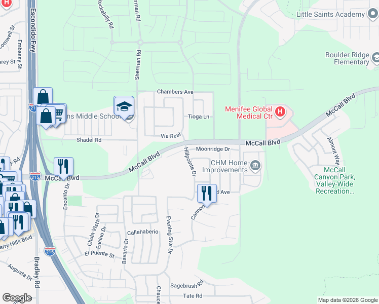 map of restaurants, bars, coffee shops, grocery stores, and more near 27776 Hillpointe Drive in Menifee