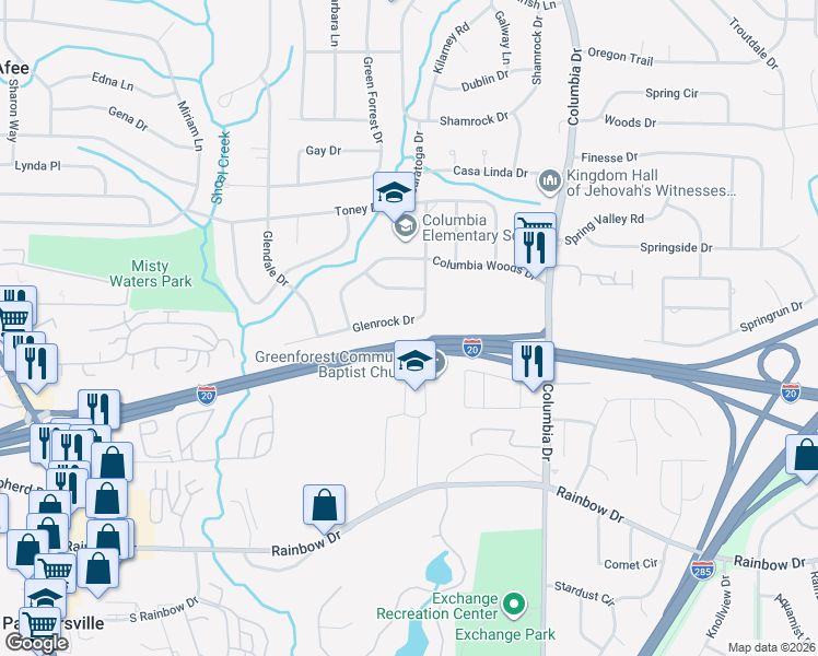 map of restaurants, bars, coffee shops, grocery stores, and more near 2450 Glenrock Drive in Decatur