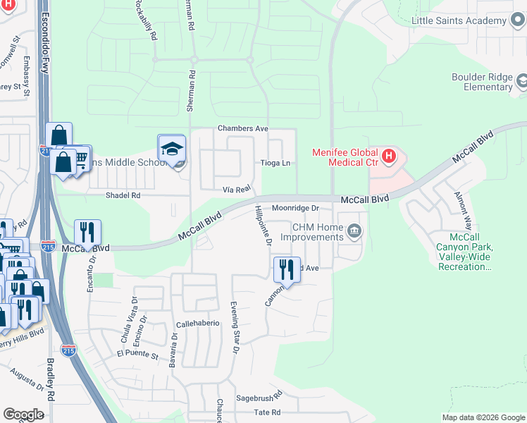 map of restaurants, bars, coffee shops, grocery stores, and more near 27776 Hillpointe Drive in Menifee