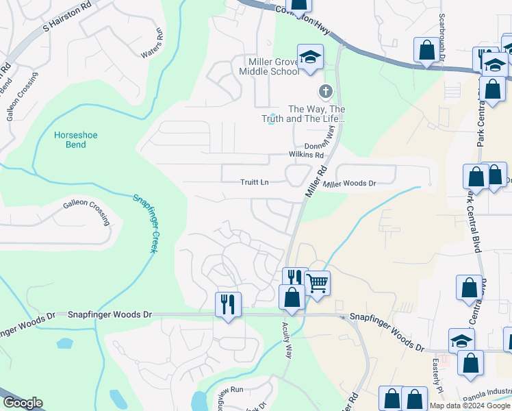 map of restaurants, bars, coffee shops, grocery stores, and more near 4923 Windsor Downs Lane in Decatur