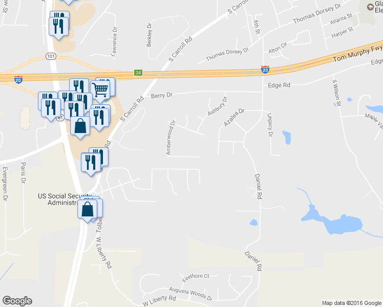 map of restaurants, bars, coffee shops, grocery stores, and more near 649 Amberwood Drive in Villa Rica