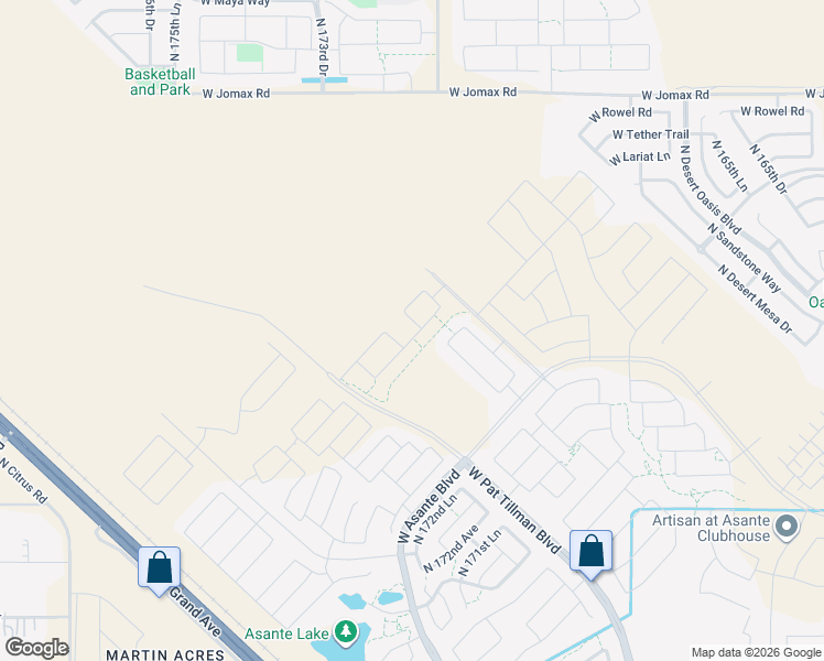 map of restaurants, bars, coffee shops, grocery stores, and more near North Pat Tillman Boulevard in Surprise