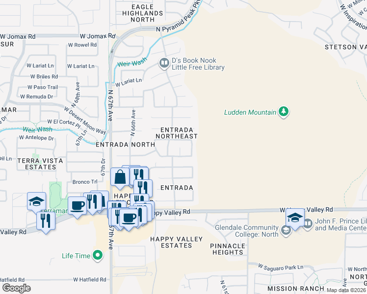 map of restaurants, bars, coffee shops, grocery stores, and more near 25429 North 63rd Lane in Phoenix
